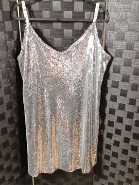 Silver Sequin Slip Dress - Women's Sparkle Party Dress